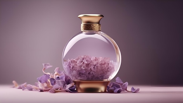 A bottle of perfume with a pink stone in it