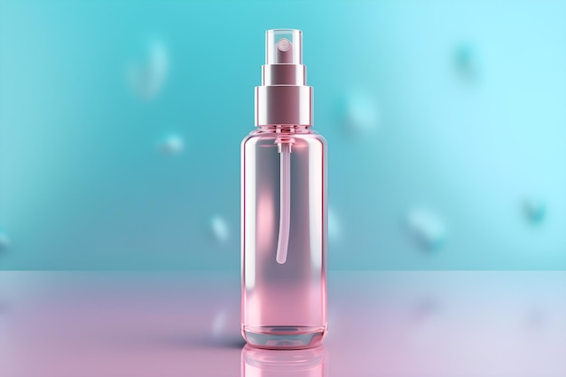 A bottle of perfume with a pink top and a blue background.