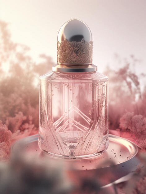 A bottle of perfume with a pink top and a silver tray with the word perfume on it.