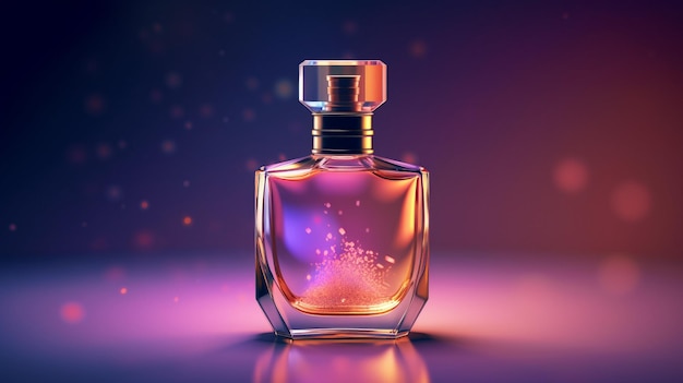 A bottle of perfume with a purple background