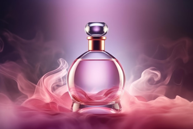 A bottle of perfume with a purple background.