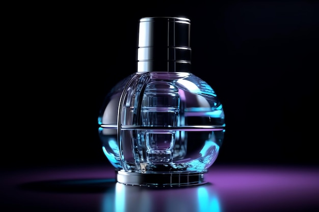 A bottle of perfume with a purple background