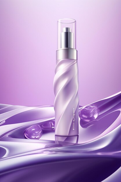 A bottle of perfume with a purple background