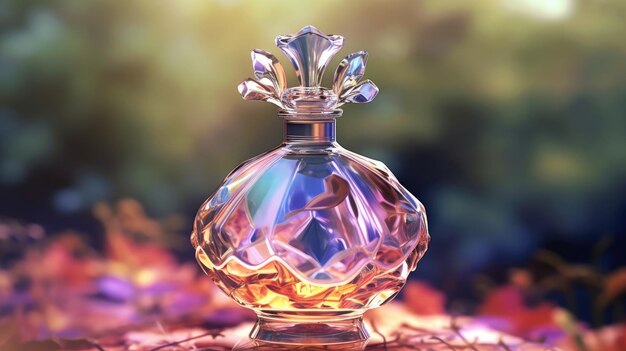 A bottle of perfume with a purple crown on the top.