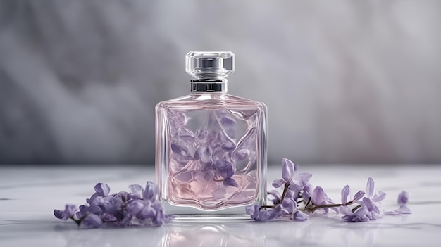 A bottle of perfume with purple flowers on a white background