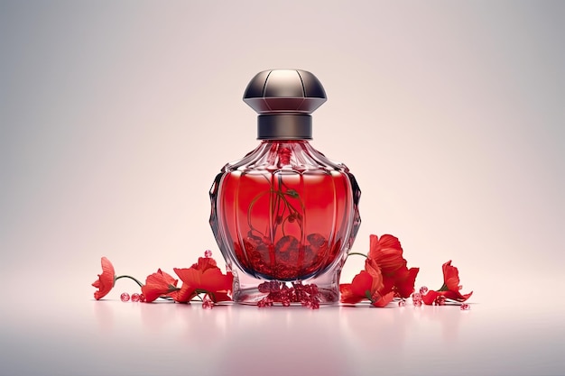 A bottle of perfume with a red flower on the side.