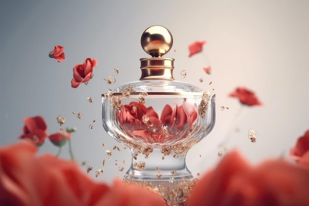 A bottle of perfume with red roses in the background