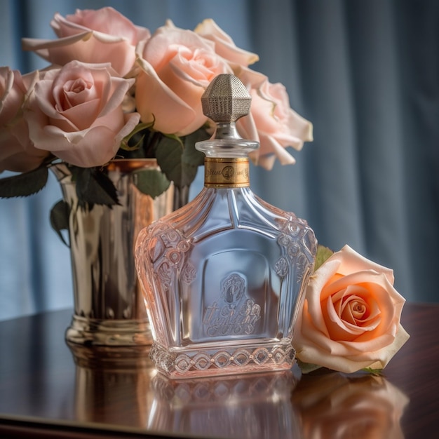 A bottle of perfume with a rose on the side