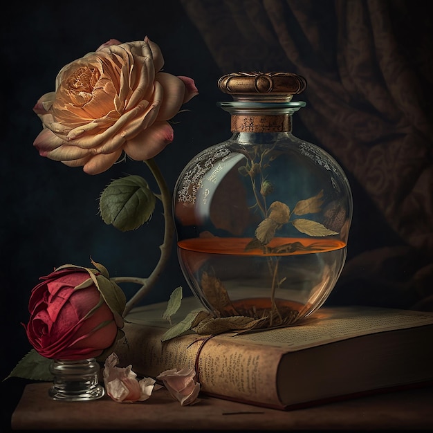 A bottle of perfume with a rose on the top