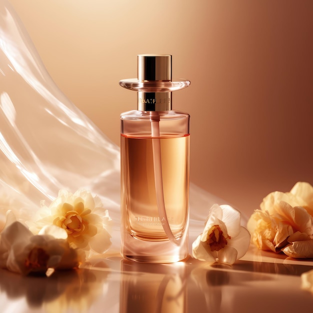 A bottle of perfume with a rose on the top