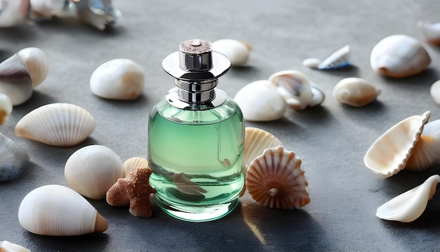 A bottle of perfume with seashells background