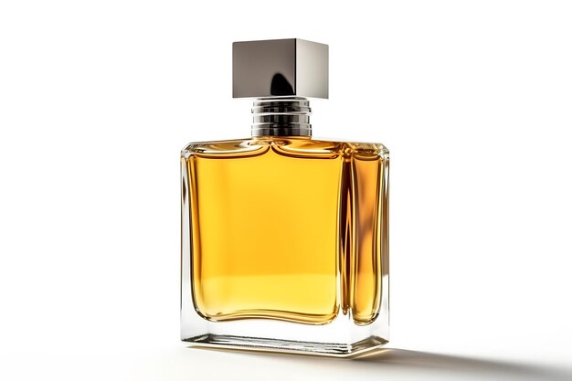 A bottle of perfume with a silver cap isolated on white background