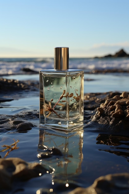 A bottle of perfume with a silver cap mockup