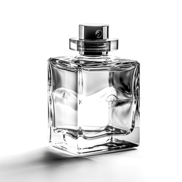 A bottle of perfume with a silver cap and a silver cap.