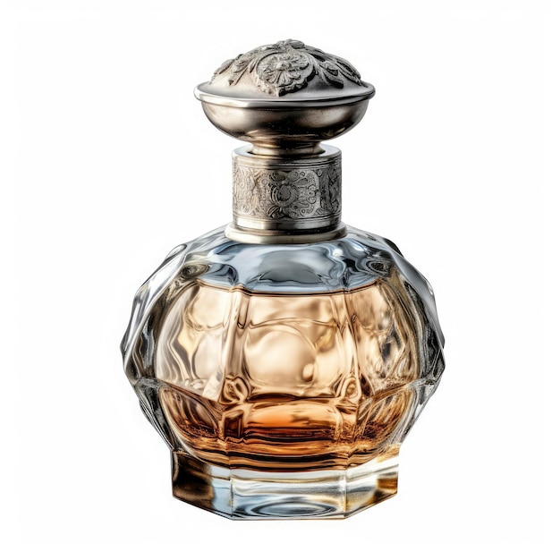 A bottle of perfume with a silver cap and a silver cap.