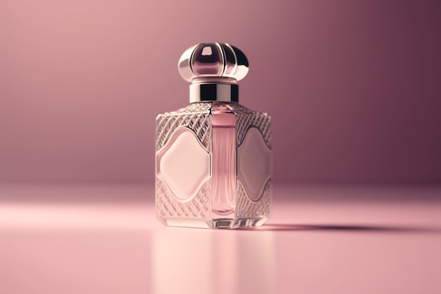 A bottle of perfume with a silver cap on the top.