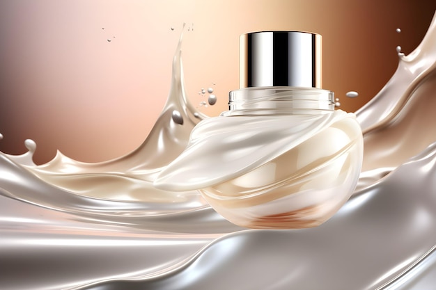 A bottle of perfume with a splash of milk