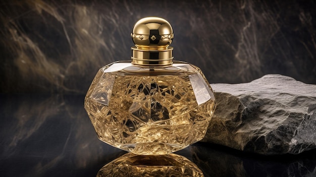 A bottle of perfume with a stone in the background