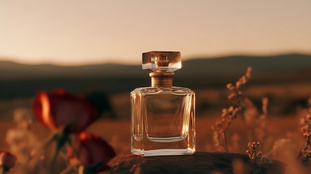 A bottle of perfume with a sunset in the background