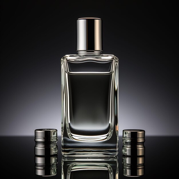 a bottle of perfume with three small bottles of mouthwash.