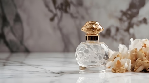 A bottle of perfume with a white background and a gold cap