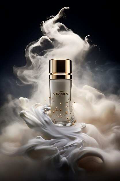 a bottle of perfume with a white cloth in the background
