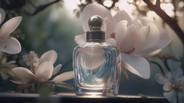 A bottle of perfume with a white flower behind it