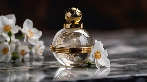 A bottle of perfume with a white flower on the side