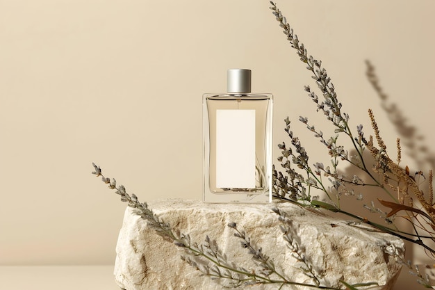 a bottle of perfume with a white label on the front