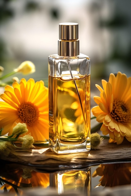 A bottle of perfume with yellow flowers on a wooden table.