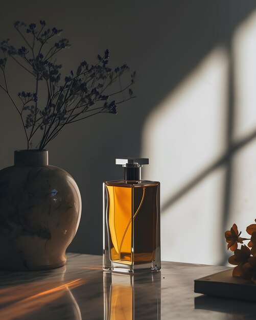 Бутылка парфюмерии на деревянном столе возле окна с солнечным светом для моделирования продукта