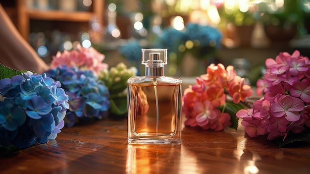 Bottle of Perfume on Wooden Table