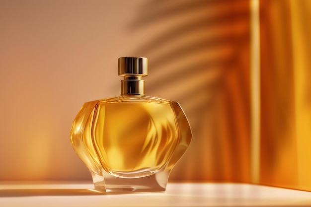 Bottle of perfume on yellow background with palm shade ai generated