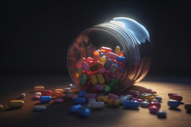 A bottle of pills is spilled on a table.