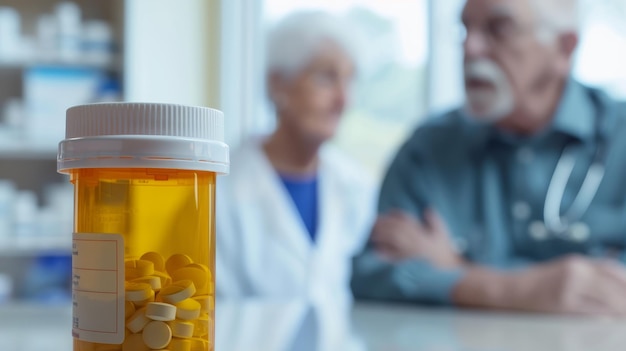 Photo a bottle of pills sits on a counter in front of a doctor and a patient