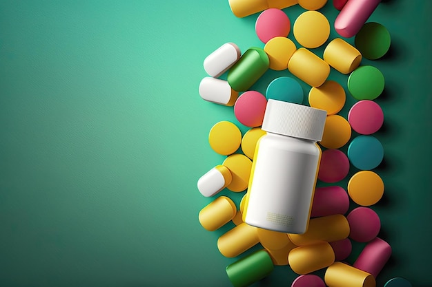 A bottle of pills on top of a pile of pills.