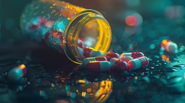 Photo a bottle of pills with a green light on the top