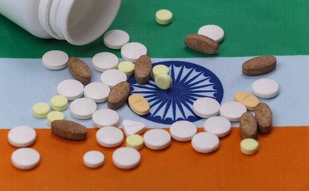 Bottle of pills with Indian flag