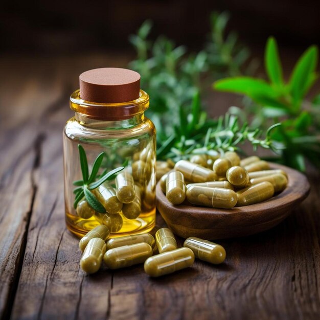 Photo a bottle of pills with leaves and a bottle of olive oil on a wooden table