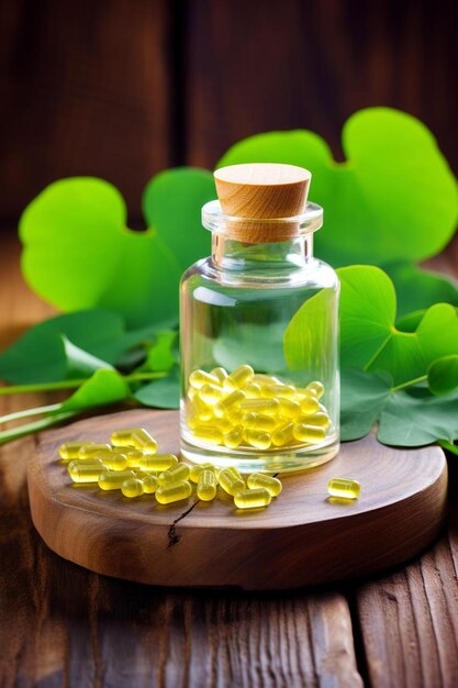 Photo a bottle of pills with leaves and a green background