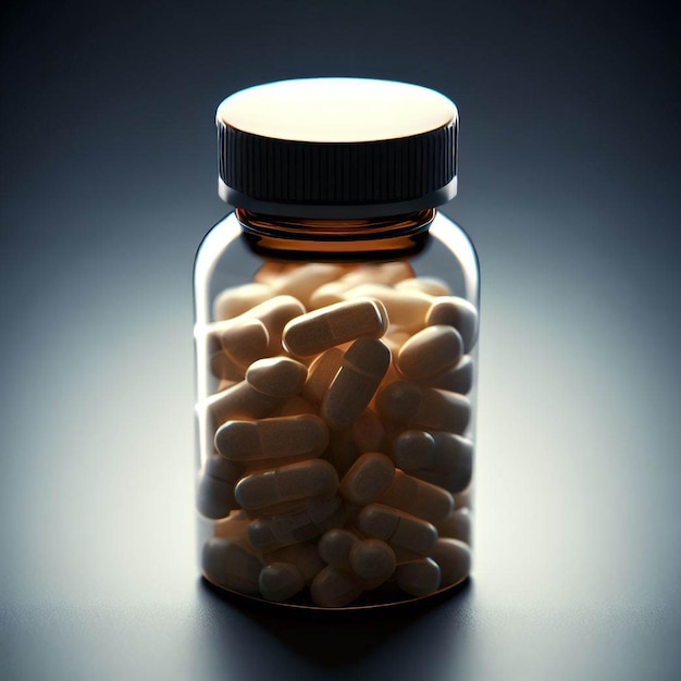 A bottle of pills with a white cap on the top.