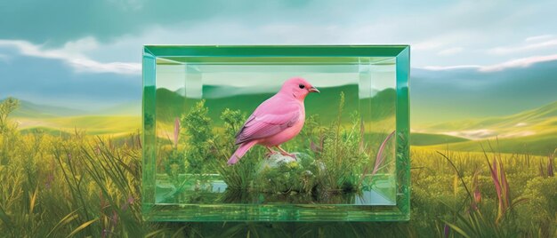 A bottle of pink bird sits on a rock in a green field.