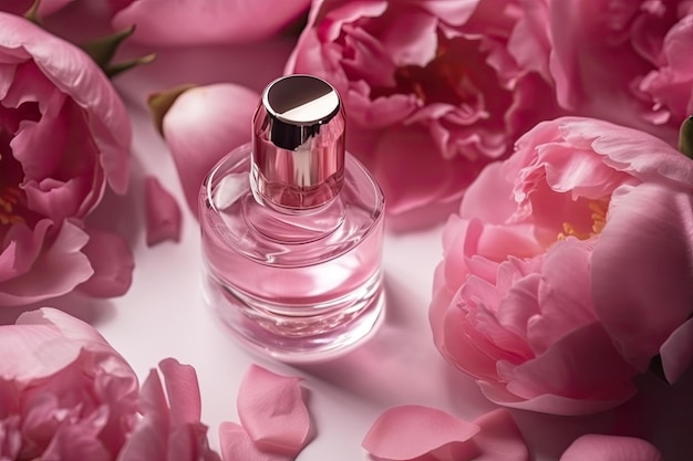 Bottle of pink luxury perfume surrounded by peonies top view