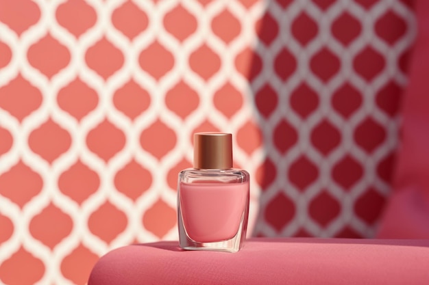 A bottle of pink perfume sits on a table in front of a white background.