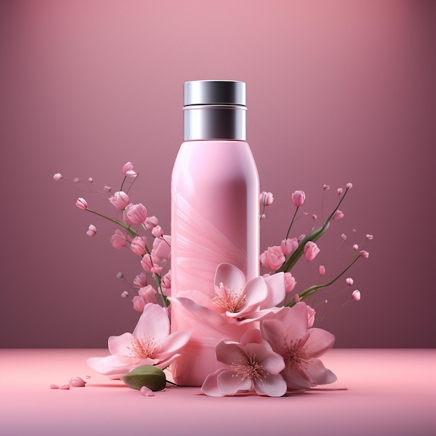 a bottle of pink perfume with flowers and a bottle of perfume.