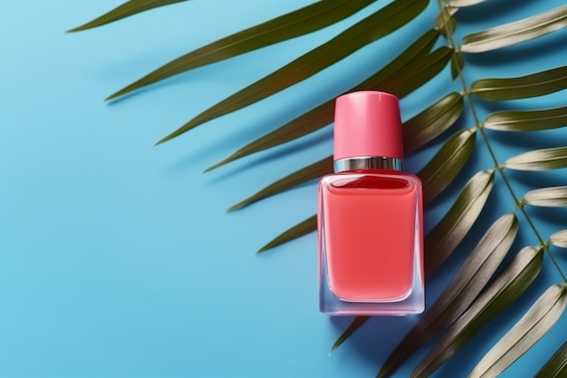 A bottle of pink perfume with a green palm leaf on a blue background.