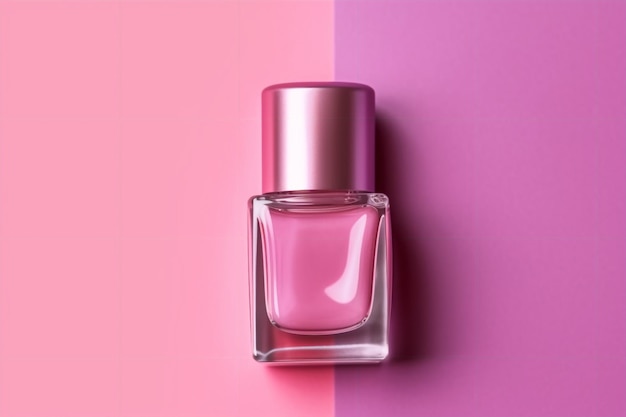 A bottle of pink perfume with a pink cap on a pink background.