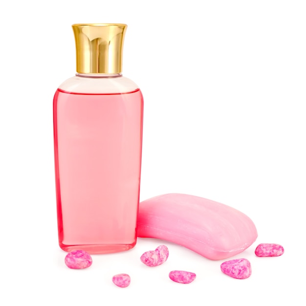 Bottle of pink shower gel, pink soap, bath salt is isolated on a white background