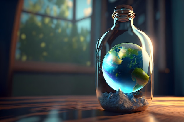 A bottle of planet earth sits on a table in front of a window