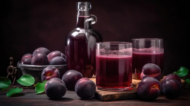 A bottle of plum juice and a glass of plum juice